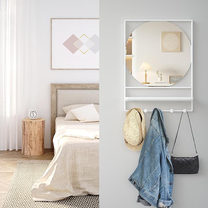 WONSTART 21" X 28" Wall Mirror with Shelf and Hooks,Entryway Mirror with Hooks, Metal Framed Bathroom Mirror with Shelf for Bathroom, Bedroom, Living Room (White, 21 x 28)