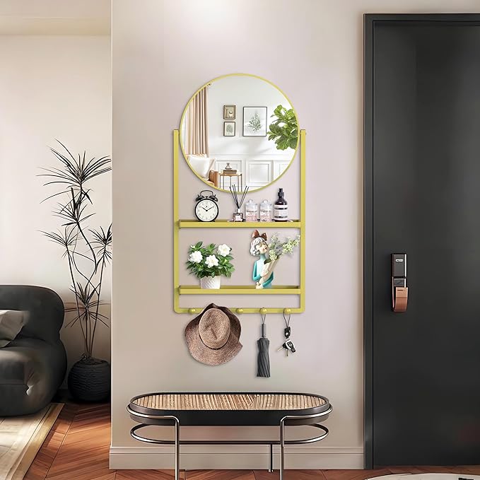 WONSTART 39.5" × 21.7" Gold Round Wall Mirror with Shelf and Hooks, 10° Adjustable Tilt Metal Frame Bathroom Mirror with Shelf for Bedroom, Entryway, Living Room