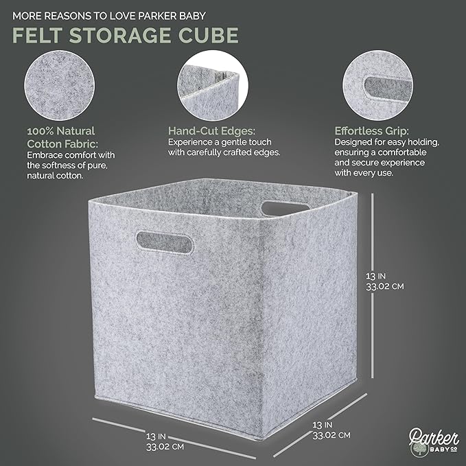 Parker Baby Felt Foldable Storage Cube - 13 Inch Nursery Cubby Bin for Cube Organizer, Closet Organizers and Storage Toy Bin, Rope Baskets Bins for Toyâs Storage - Gray