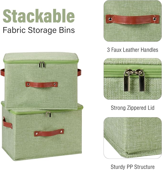 3PCS Storage Bins Boxes with Zippered Lids Cotton Linen Fabric Decorative Basket PU Leather Handles PP Plastic Board Foldable Lidded Shelf Closet Organizer Container (Light Green, Large)