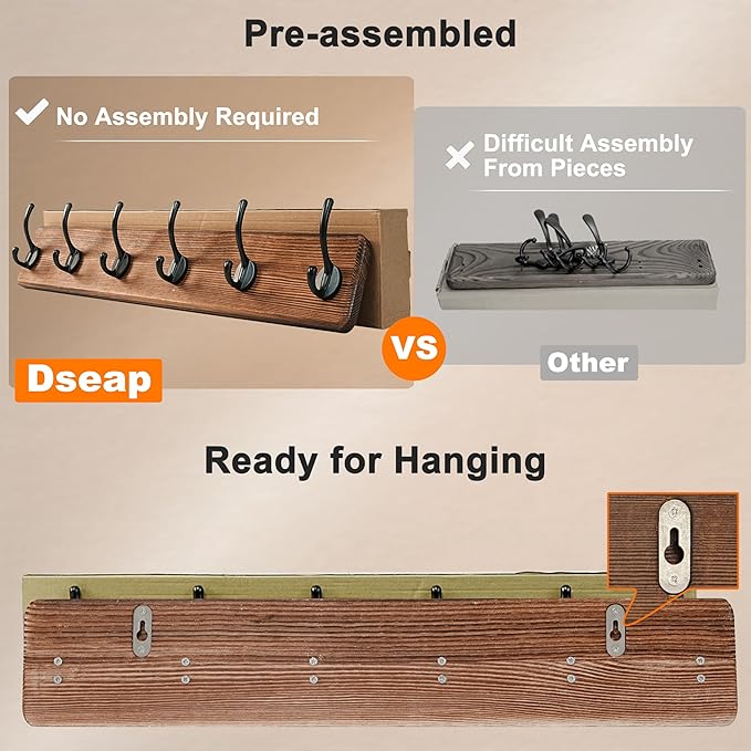 Dseap Coat Rack Wall: 24" Long, Patented, Heavy-Duty, 6-Double-Hooks Wooden Wall Mounted Coat Rack Coat Hanger Hook Rail for Winter Coats Hat Jacket Clothing, Weathered Green