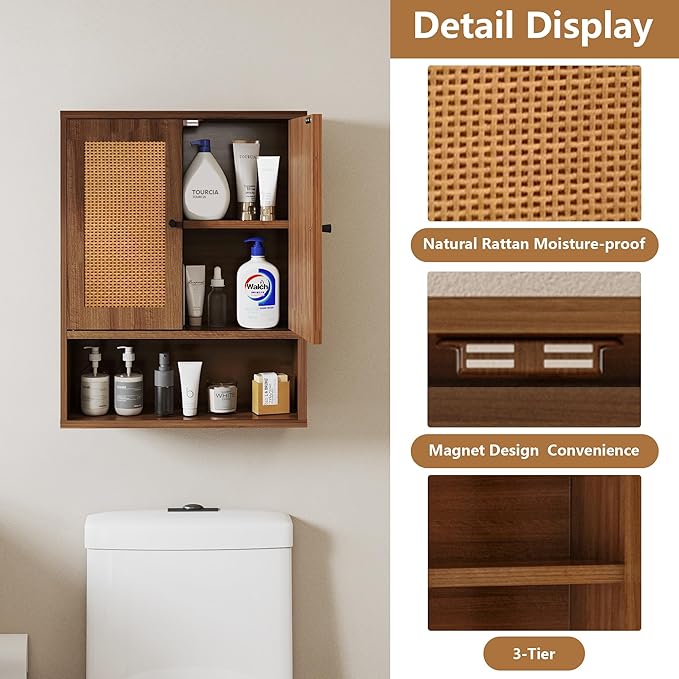 Bathroom Storage Cabinet,Rattan Cabinet Boho Chic Medicine Cabinet Over The Toilet Storage 3-Tier Cabinet Wall Mount with Double-Door for Kitchen,Dining Room,Living Room 19 x 7.68 x 24 in