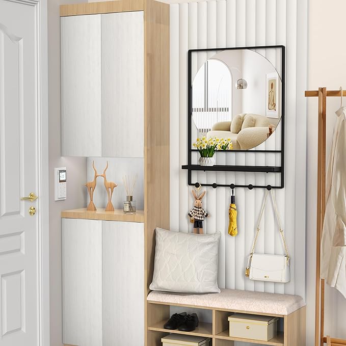 WONSTART Wall Mirror with Shelf and Hooks, 21" X 28" Metal Framed Bathroom Mirror with Shelf, Decorative Mirror for Bathroom, Entryway, Bedroom, Living Room (Black, 21 x 28)