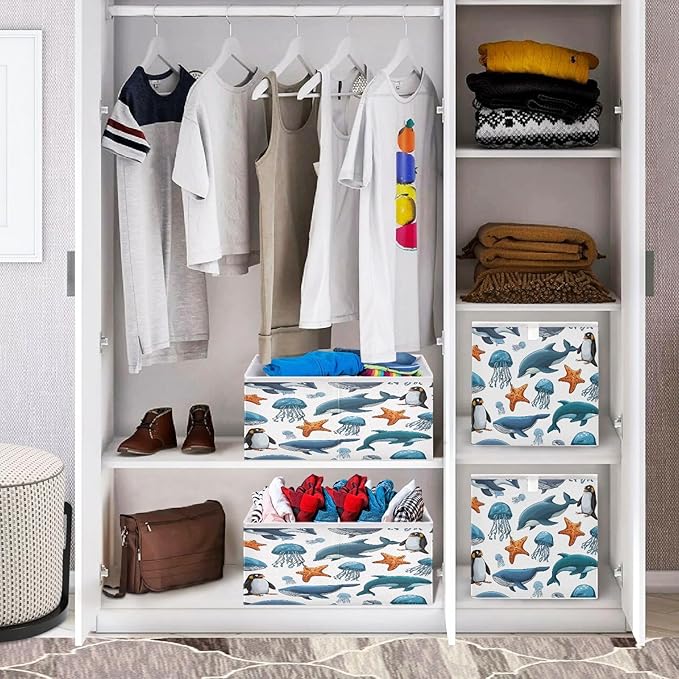 Blueangle Sea Animals Cube Storage Bin, 11 x 11 x 11 in, Large Collapsible Organizer Storage Basket for Home Décor