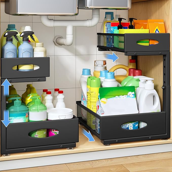 Under Sink Organizer, 2 Tier Pull Out Under Cabinet Organizer Shelf with Pad for Framed Cabinets, Metal Slide Out Under Sink Storage, Mesh Sliding Drawers for Kitchen Bathroom Laundry(Black, 1 Pack)