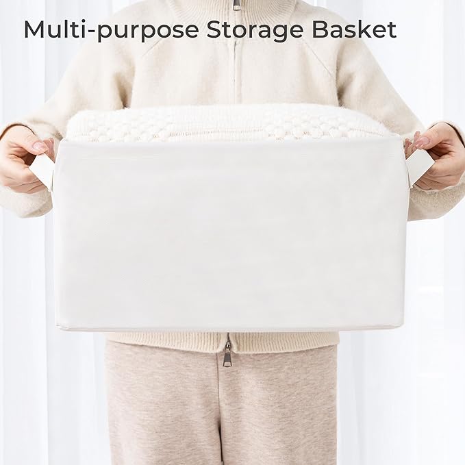 Storage Basket Bins with Metal Frame, Large Collapsible Fabric Storage Baskets for Organizing Shelf, Basket Organizer W/Handles for Blankets, Towels, Laundry, Shelves, 5-Pack, Beige