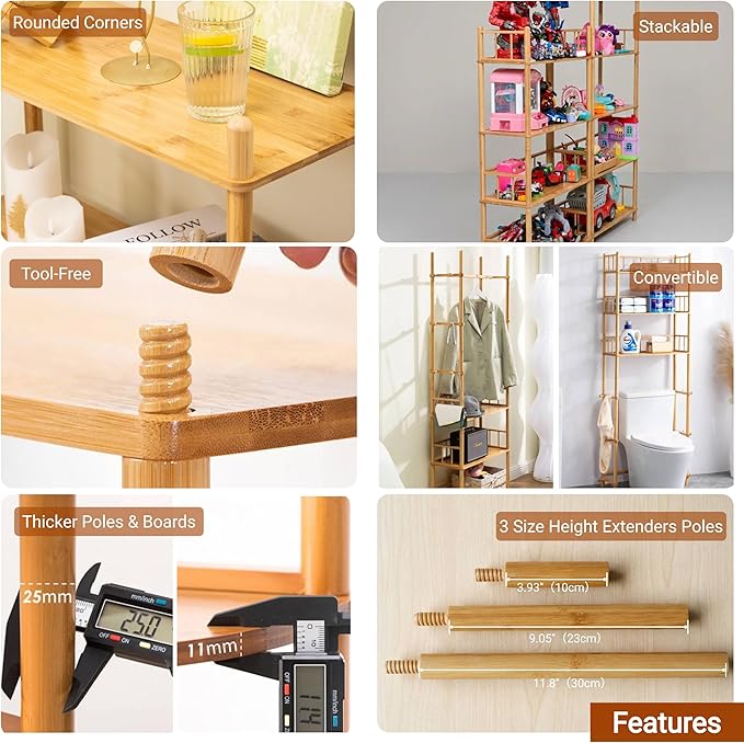 4-Tier Expandable Freestanding Open Bamboo Book Shelf - No-Tool Assembly & Modular,Bathroom Storage Shelf Unit Plant Stand for Small Space, Bedroom, Living Room, Home Office
