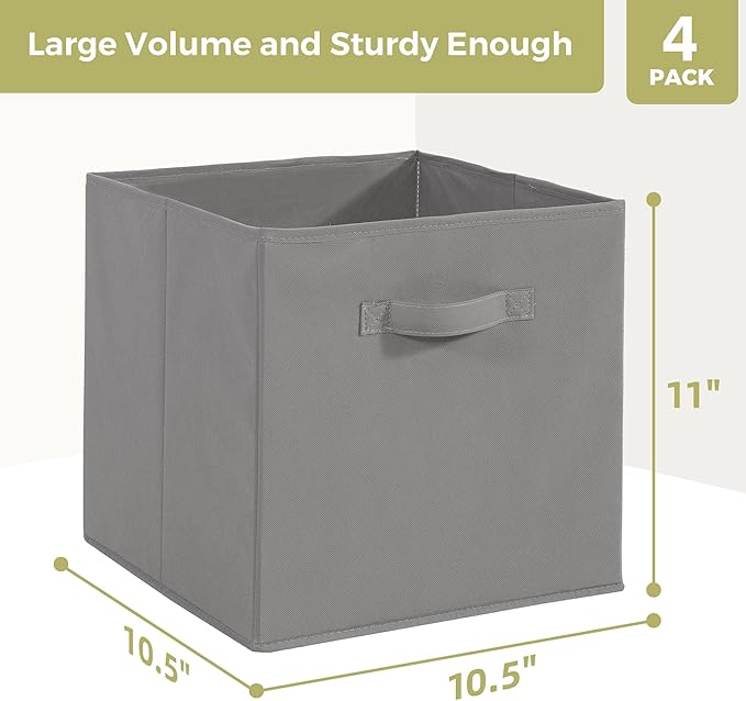 Storage Cubes, 11 Inch Cube Storage Bins, Set of 4, Fabric Foldable Storage Bins With Handles, Closet Storage Organizer Bins, Cubby Clothing Storage Baskets for Shelves, Gray