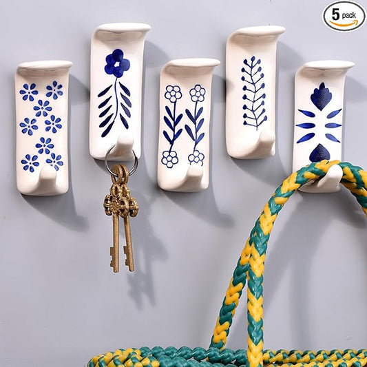 Indian Shelf Boho Ceramic Adhesive Wall Hooks - Damage-Free Decorative Blue Pottery Hangers for Keys & Towels, Renter-Friendly Stick-On Home Décor - 3 Hooks with 6 Strips(Style 7)