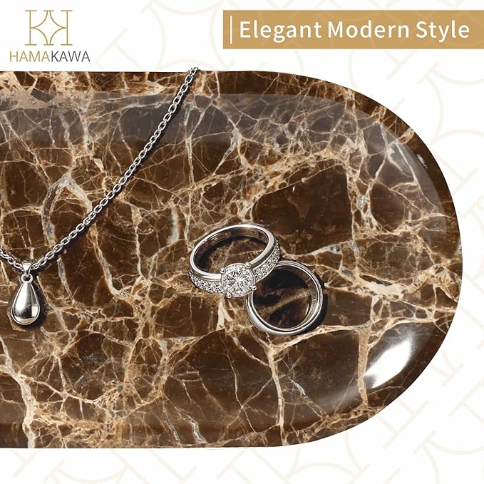 Bathroom Vanity Tray, Natural Marble Oval Tray 10 inch, Emperador Dark Marble Vanity Tray for Soap Dispenser Modern Countertop Organizer for Kitchen Countertops, Home Decor