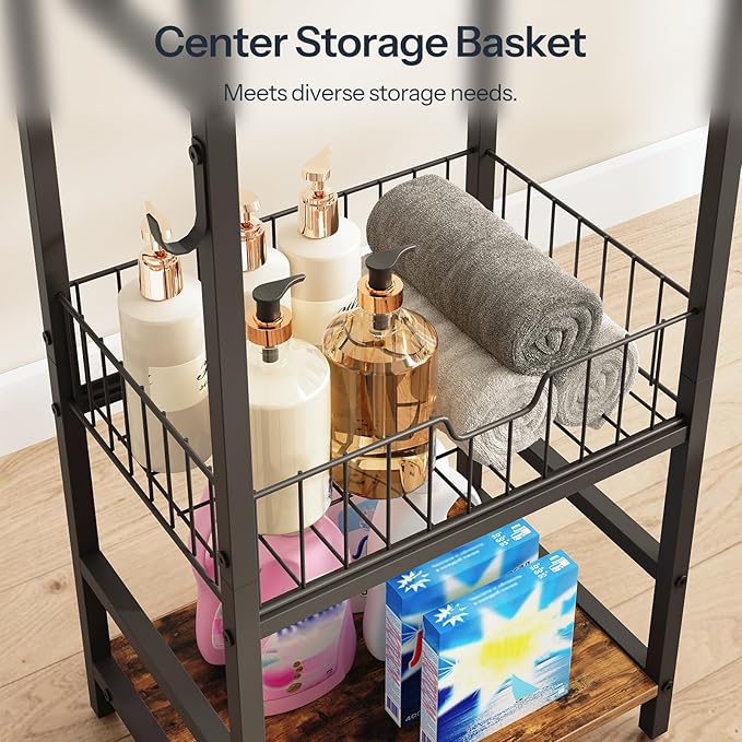 HOOBRO Free Standing Towel Rack, Blanket Rack with 3 Towel Bars, Storage Basket and Shelf, Towel Holder with Hook, Blanket Organizer, for Bathroom and Laundry, Black and Rustic Brown BF13LB01