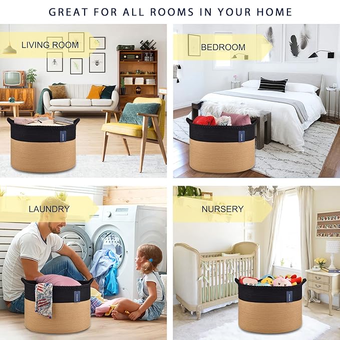 COMSE Extra Large Blanket Basket, Woven Laundry Basket, 21.7âx 13.8â, Nursery Hamper, Cotton Rope Laundry Hamper Living Room for Storage Toys Clothes Towels (Black & Camel)