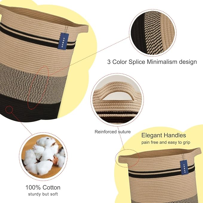 COMSE Extra Large Blanket Basket, Tall Laundry Basket, Nursery Hamper, 15.7âx 21.7â, Cotton Rope Woven Laundry Hamper for Storage Toys Clothes Towels, Brown/Black