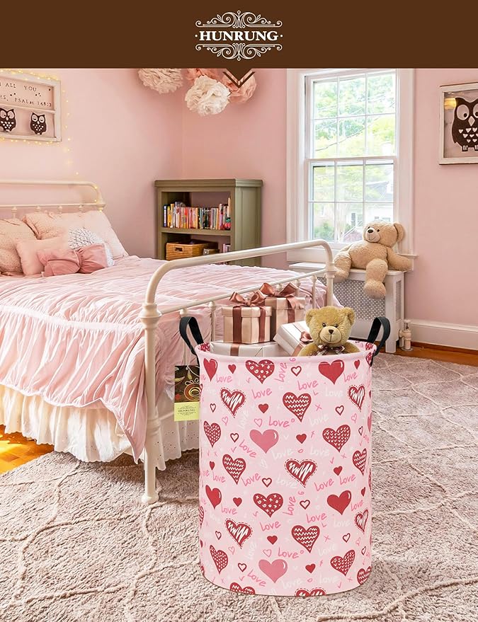 HUNRUNG Laundry Hamper,Large Canvas Fabric Lightweight Storage Basket Toy Organizer Dirty Clothes Collapsible Waterproof for College Dormsï¼Round-Pink Love Heartï¼