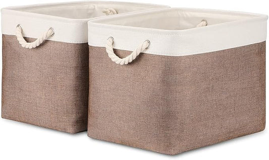 Bidtakay Large Storage Baskets with Handles for Organizing 16" x 11.8" x 11.8" Rustic Shelf Baskets [2-Pack] Foldable Clothes Baskets Fabric Collapsible Bins for Closet (White&Earthy Brown)