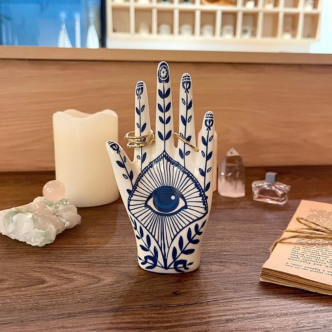 Hamsa Ring Holder organizer, aesthetic Room Decor with Blue Eye Boho style for Bathroom, Bedroom; Gifts for Women Home Decor