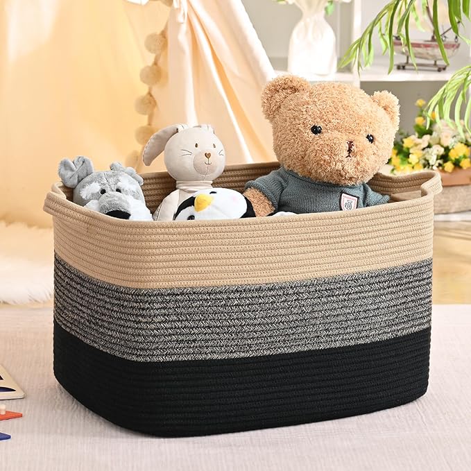 Large Blanket Basket, 60L Storage Baskets for Organizing, Woven Laundry Basket for Blankets, Cotton rope Blanket Storage for Living Room, Nursery Room, 19.7"L x 15.74"W x 11.8"H, Brown & Black