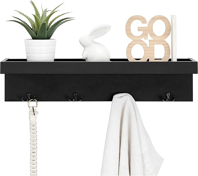 Danya B Wall Mounted Entryway Floating Coat Rack with Four Hanging Hooks and Decorative Ledge Shelf - Great for Entryways, Hallways, Bedrooms, Kitchens, and Bathrooms (Black)