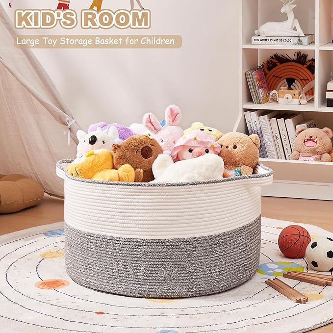 Large Blanket Basket with Handles, 22.8" x 22.8" x 13" Woven Storage Basket for Living Room, Cotton Rope Baby Toy Storage for Clothes, Pillows, Towels-Grey and White