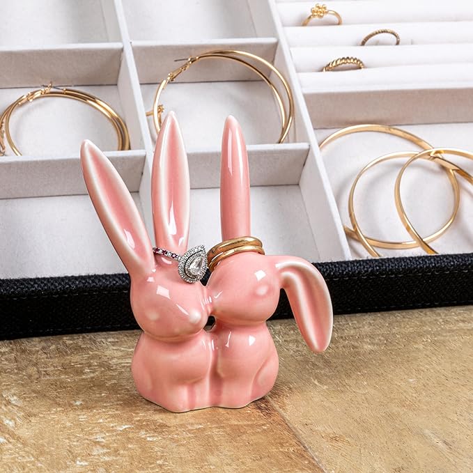 Creative Co-Op Ceramic Bunny Rabbit Ring Holder, Pink