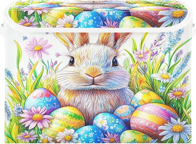 Collapsible Storage Bins with Lids Decorative Fabric Storage Cubes Closet Organizer and Storage Basket Boxes Containers for Clothes Box Chest Nursery Folding Rectangle Colorful Bunny Eggs