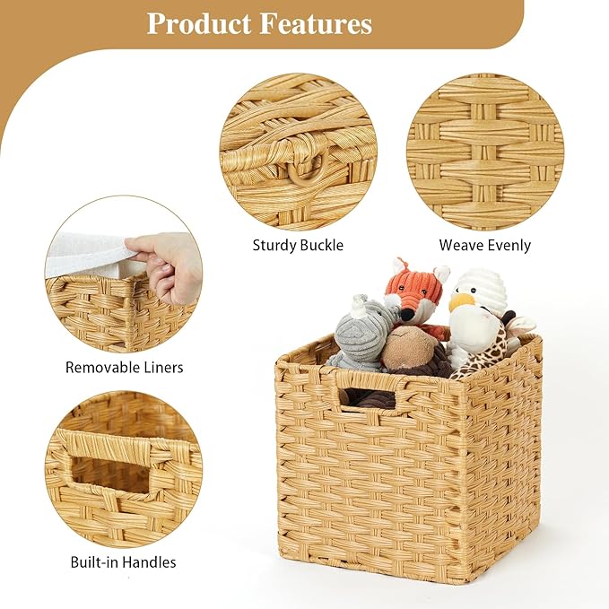 DULLEMELO Wicker Storage Baskets with Handles, Foldable Storage Cubes Set of 2 Plastic Wicker Baskets for Organizing Shelves,11 Inch Cube Baskets, Natural