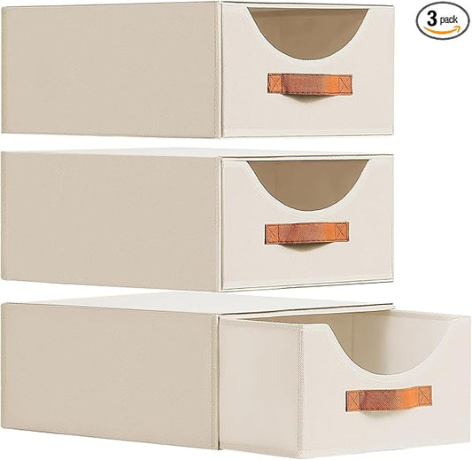 Large Stackable Storage Bins - Fabric Pull-out Closet Shelf Organizer, Linen Closet Organizers and Storage, Decorative Storage Boxes for Bedroom, Office, Dorm, 3 Pack, Beige