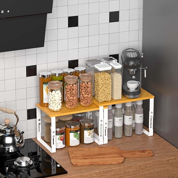 Expandable Kitchen Cabinet Organizer Shelves â Stackable Adjustable Metal and Wood Storage Racks for Countertop, Pantry, Garage Set of 2 Spice Rack â Easy Assembly, Space-Saving(1 Pack/Large/White)