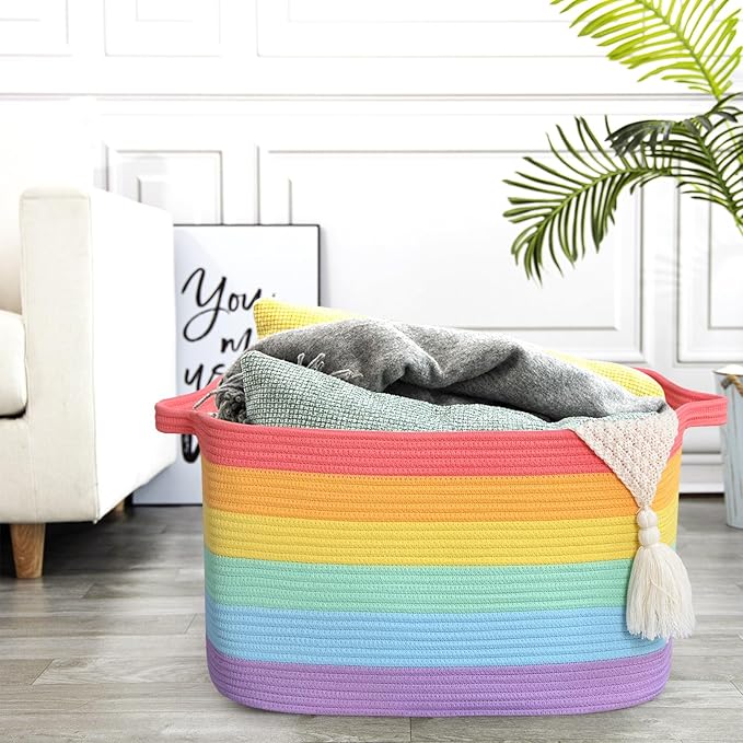 Large Blanket Basket, 60L Storage Baskets for Organizing, Woven Laundry Basket for Blankets, Cotton rope Blanket Storage for Living Room, Nursery Room, 19.7" L x 15.74" W x 11.8" H, Rainbow
