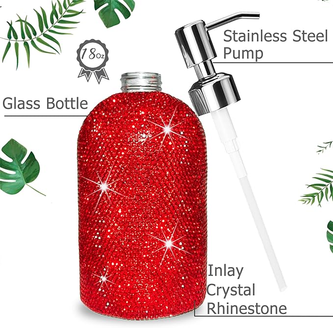 SlowVibes 18Oz Bling Red Soap Dispenser with Rust Proof Stainless Steel Pump,Refillable Liquid Hand Wash Bottle for Bathroom Kitchen,Sparkle Decorative Shower Dispenser,Rhinestone Lotion Dispenser