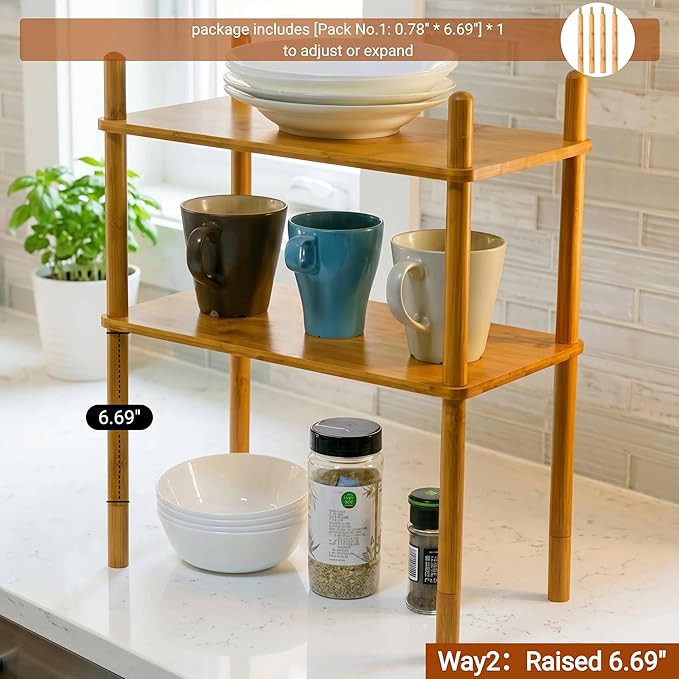 2-Tier Expandable Bamboo Desktop Organizer Shelf Kitchen Cabinet and Counter Riser Display Shelf for Top of Desk Home Office Bathroom Coffee Table Display Stand
