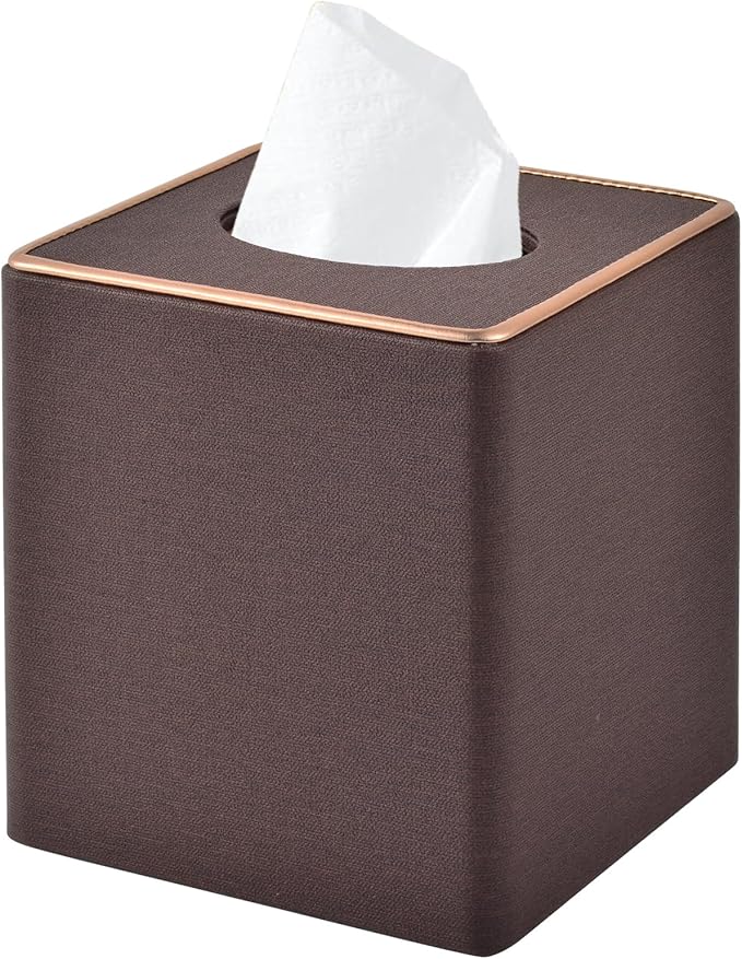 Linen Square Tissue Box Cover,Cube Tissue Box Holderï¼Excellent Rosegold Leather Decoration,Table Napkin Case Dispenser,Facial Tissues Organizer with Magnetic Bottom for Home Office Car(Coffee)