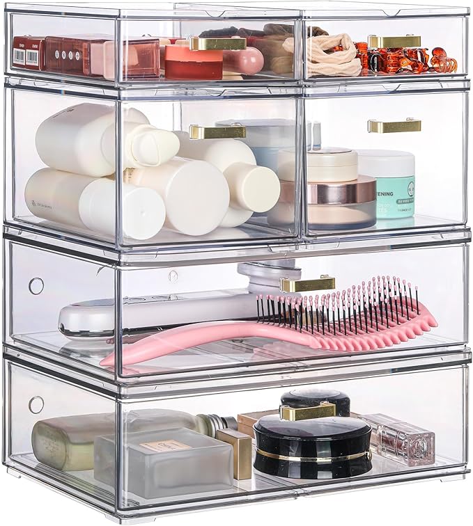Stackable Storage Drawers, 6 Pack Clear Acrylic Organizer Bins with Golden Handles, Multi-Size Plastic Drawers for Makeup, Vanity, Kitchen, Bathroom, Office, Pantry Organization and Storage