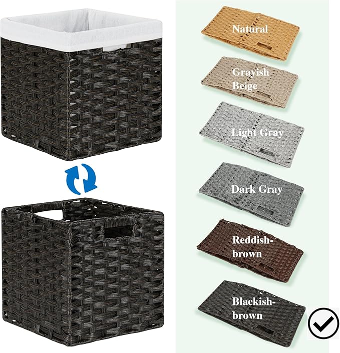 Bidtakay Wicker Cube Baskets with Liners 11 inch 2 Pack Waterproof Imitation Hand-Woven Wicker Storage Baskets for Shelves and Organizing Pantry and Bedroom Blackish-tan