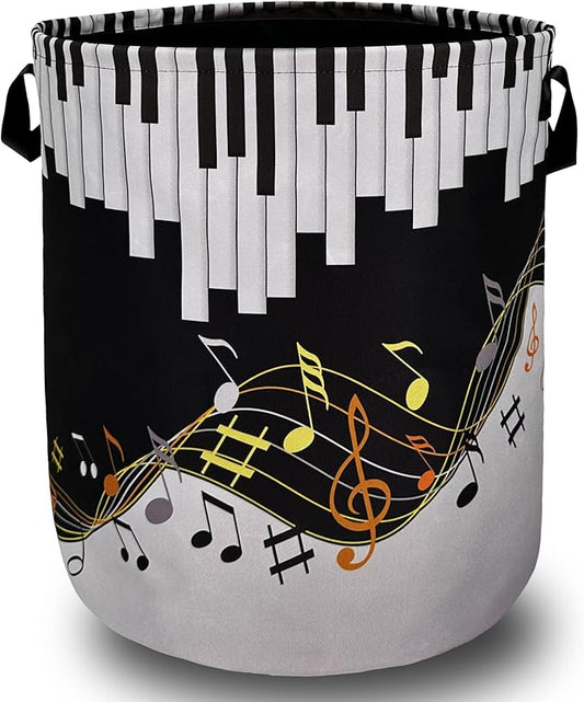 Piano Keyboard Laundry Basket Foldable With Handles Music Notes Tote Bag Oxford Cloth Colorful Laundry Hamper Clothes Storage Bucket Toy Organizer For Bathroom/Laundry/Bedroom 18.9"x16.5 "