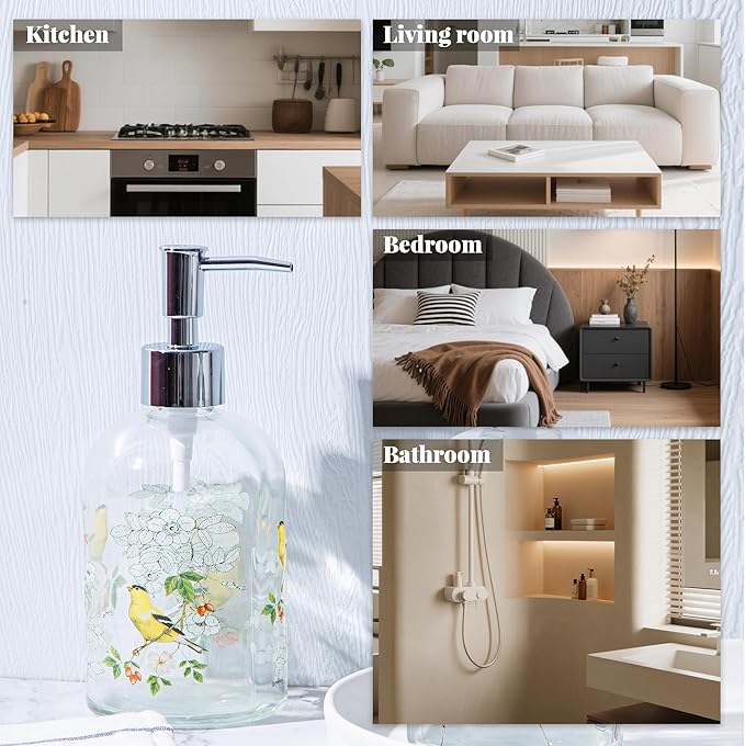 17oz Glass Soap and Lotion Dispenser Bottle with Rust Proof Plastic Pump Refillable Liquid Pump Bottle Great for Kitchen, Bath, Bathroom Accessories, Countertop, Set of 2