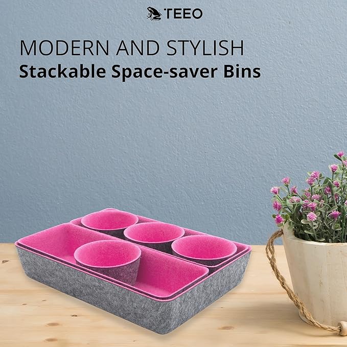 Teeo - Desktop Storage Drawers - Makeup Organizer Drawers - Office Drawer Organizer Tray - Pink Organizers and Storage - Home Desk Bins Dividers Box Compartment Organization - Pack of 7, Hot Pink