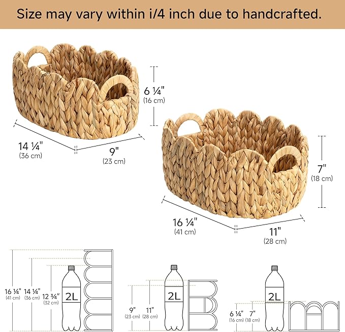 StorageWorks Scalloped Wicker Basket, Woven Baskets for Storage, Rattan Baskets with Handles, Paper Rope Basket for Organizing and Decor, 2 Pack