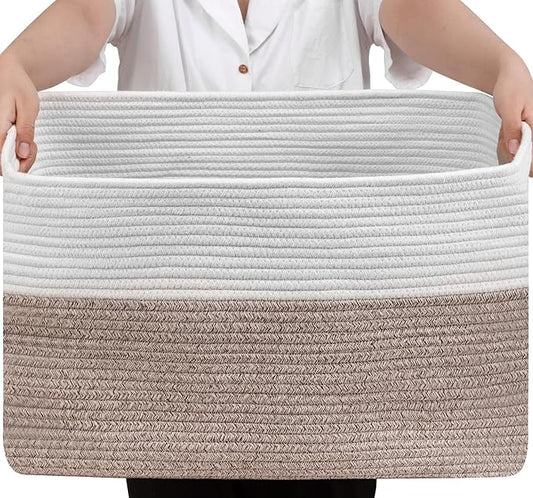 75L Large Blanket Basket, Woven Storage Baskets with Reinforced Handles, Rope Laundry Basket for Living Room, Bedroom, Nursery, Toys, Clothes,Pillows, 22â x 17â x 11.5â, White & Brown