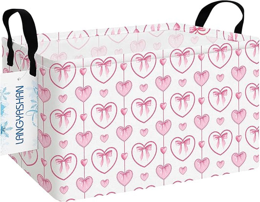 LANGYASHAN Rectangular Storage Bin Collapse Canvas Fabric Cartoon Storage Basket with Handles for Organizing Home Kitchen Boys and Girls Toys Office Closet Shelf Baskets (Rec Pearl Heart)