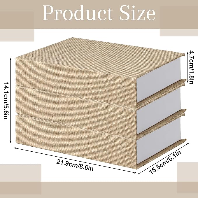 Tioncy 3 Pcs Fake Book Box Neutral Linen Book Box Decorative Faux Prop Storage for Farmhouse Home Decor shelf Table Card Photo DIY Keepsake Gift(8.6 x 6.1 x 1.8 Inch,Beige)