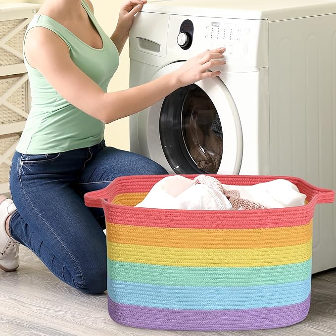 Large Blanket Basket, 60L Storage Baskets for Organizing, Woven Laundry Basket for Blankets, Cotton rope Blanket Storage for Living Room, Nursery Room, 19.7" L x 15.74" W x 11.8" H, Rainbow