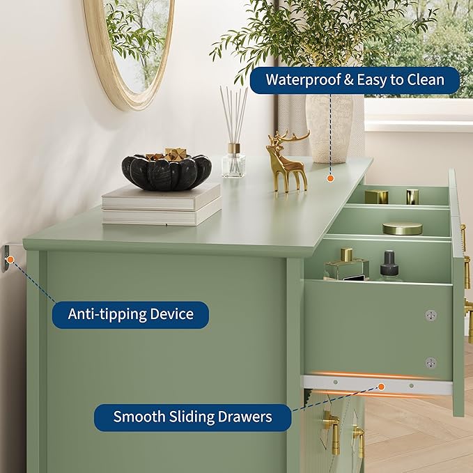 GarveeHome Fluted Dresser for Bedroom, 54 in Wide 7-Drawer Wood Dresser, Modern Chest of Drawers, Storage Organizer Cabinet for Living Room, Hallway, Entryway, Green