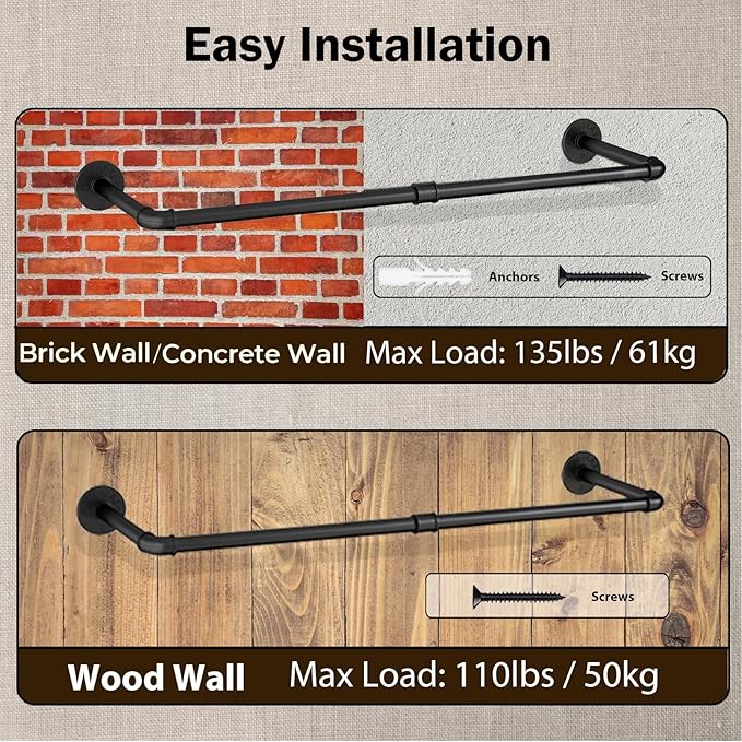 Wall Mounted Clothes Rack 24in, Industrial Pipe Wall Mount Clothing Rack, Heavy Duty Iron Garment Racks, Space Saver Multi-purpose Hanging Rod for Laundry Room, Closet Storage, 2 Packs