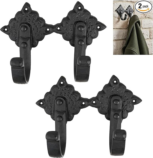 Mystic Colonial Rustic Cast Iron Wall Hooks, Heavy Duty Retro Utility Hooks for Hanging Coat, Bag, Towel, Robe, Hat & More, Pack of 2 | Joined Pieces, Black