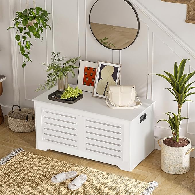 DINZI LVJ Storage Chest, 43.3â Wooden Toy Box with 2 Safety Hinges, Retro Entryway Shoe Storage Bench with Flip-Top, Sturdy Large Storage Trunk for Living Room, Bedroom, Easy Assembly, White