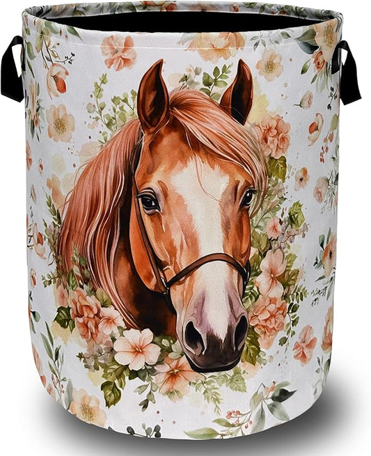 Watercolor Horse Laundry Basket Foldable With Handles Cute Animal Floral Tote Bag Oxford Cloth Colorful Laundry Hamper Clothes Toy Storage Bucket For Bathroom/Laundry/Bedroom 18.9" x 16.5 "