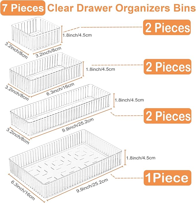7 PCS Clear Drawer Organizers Bins, 4-Size Stackable Makeup Vanity Drawer Organizer Trays, Acrylic Bathroom Drawer Organizer Storage Containers for Cosmetic,Office Supply