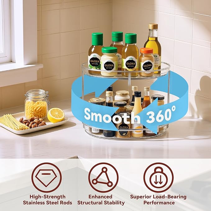 2 Tier Lazy Susan Turntable Organizer for Cabinet, 9.25'' Rotating Spice Rack Organization for Kitchen, Pantry, Bathroom, Vanity, Countertop, Medicine Storage, Seasoning Spice Organizer, 1 Pack