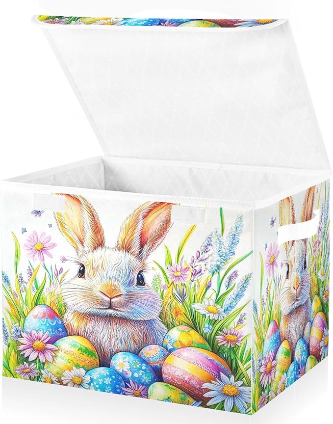 Collapsible Storage Bins with Lids Decorative Fabric Storage Cubes Closet Organizer and Storage Basket Boxes Containers for Clothes Box Chest Nursery Folding Rectangle Colorful Bunny Eggs
